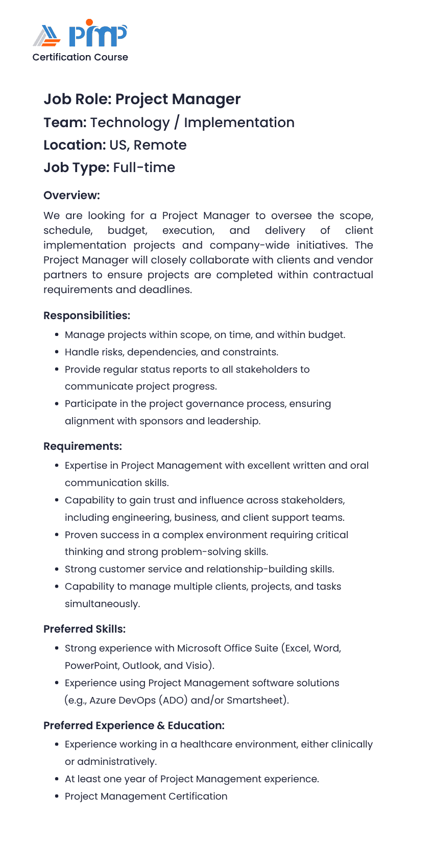 Example of Project Management Job Description